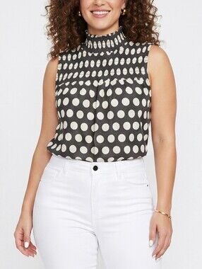 Rose + Olive Black Gray & Ivory Polka Dot Sleeveless Mock Neck Blouse Size M